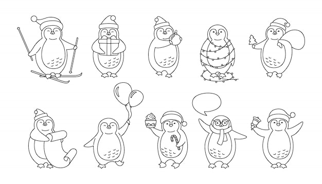 Penguin christmas cartoon line set. Cute flat hand drawn penguins collection. New year smile happy character linear, santa hat, balloons, garland, gift ski, speech bubble.