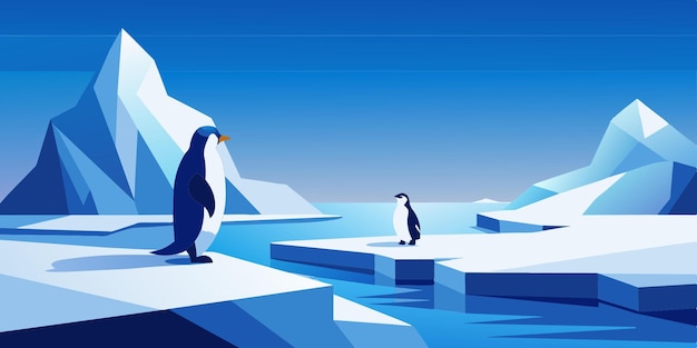 Vector a penguin coaching another penguin on the ice floe with only the colors blue and white in a