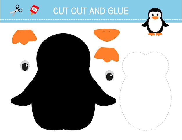 Vector penguin cut and glue worksheet for kids cutting practice activity winter animal educational game