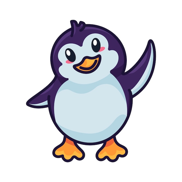 Penguin funny baby bird flapping with wing vector. Happiness aquatic flightless north pole wild animal kid. Positivity emotion beautiful chick welcome gesturing outline flat cartoon illustration