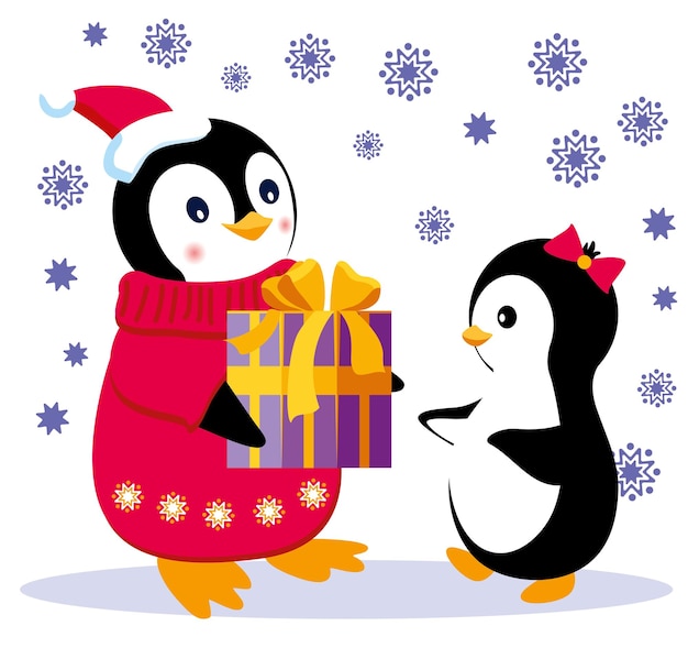 A penguin in a hat and sweater gives a New Years gift to a little penguin with a bow