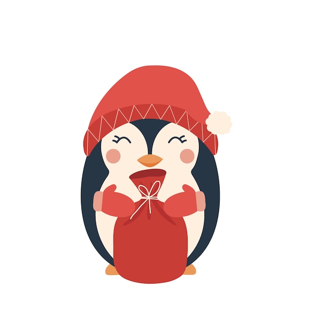 Penguin illustration with santa sack. Christmas character. Winter 2023