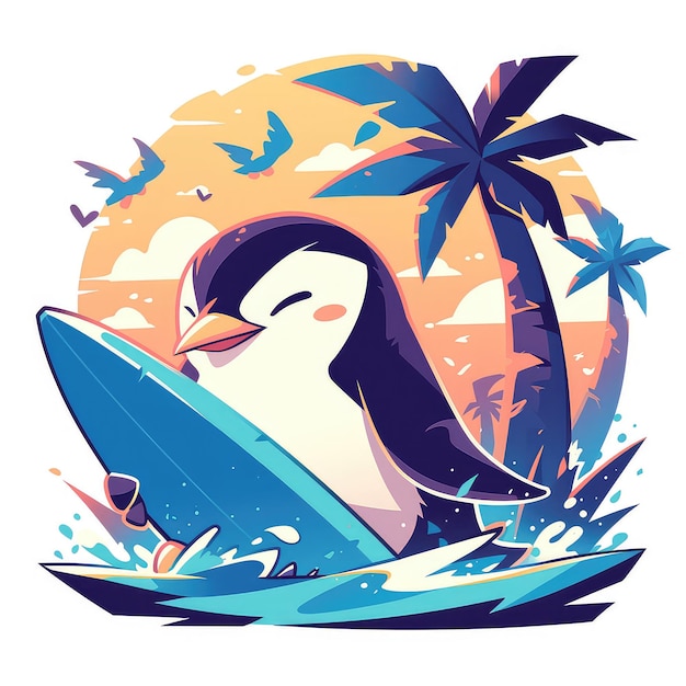 A penguin is surfing on a surfboard cartoon style