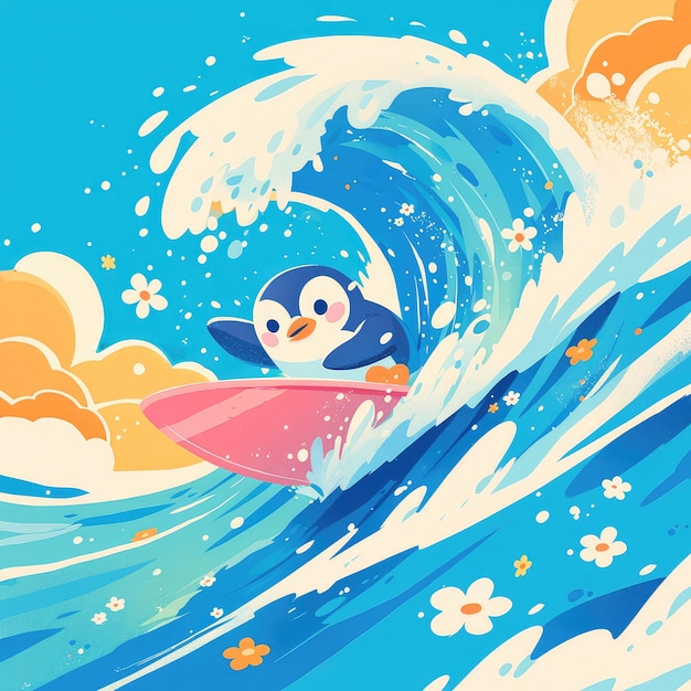 A penguin is surfing on a surfboard cartoon style