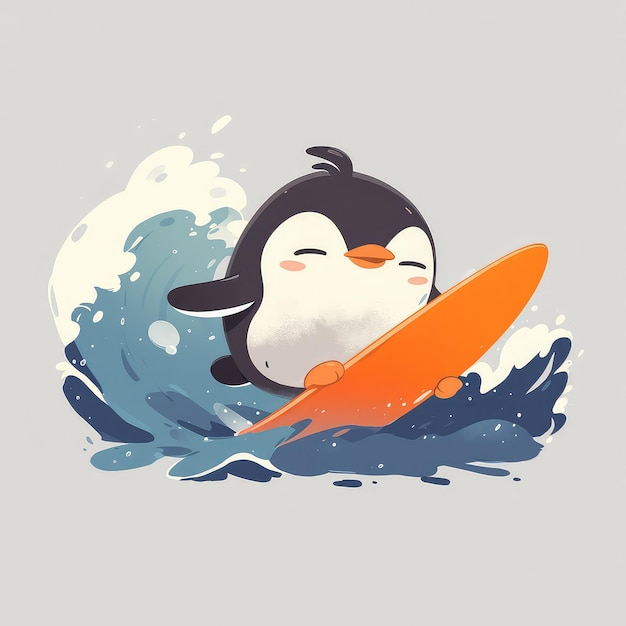 A penguin is surfing on a surfboard cartoon style