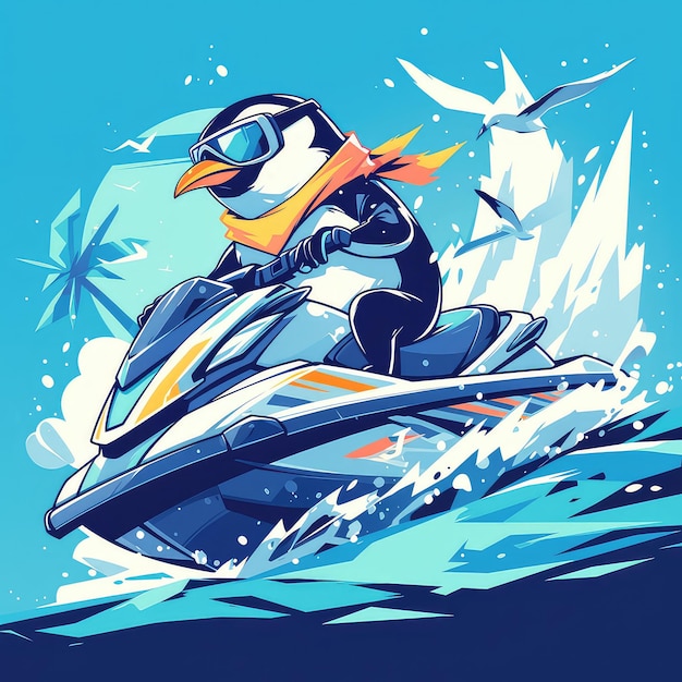 A penguin riding a jet ski cartoon style