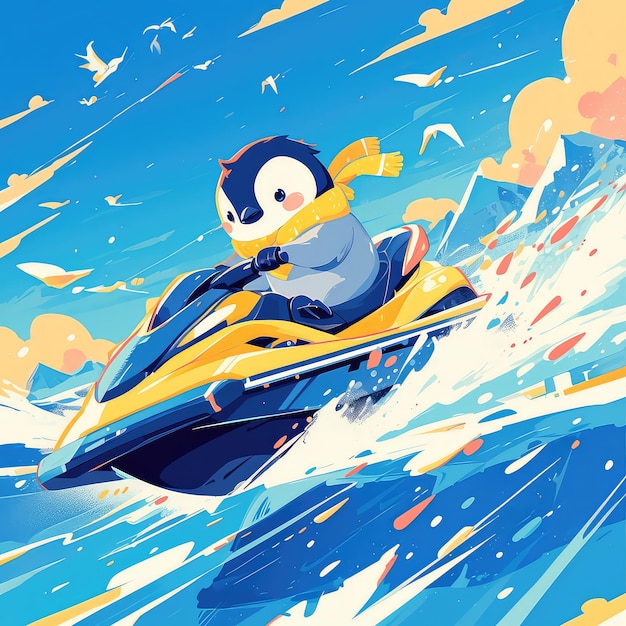 A penguin riding a jet ski cartoon style