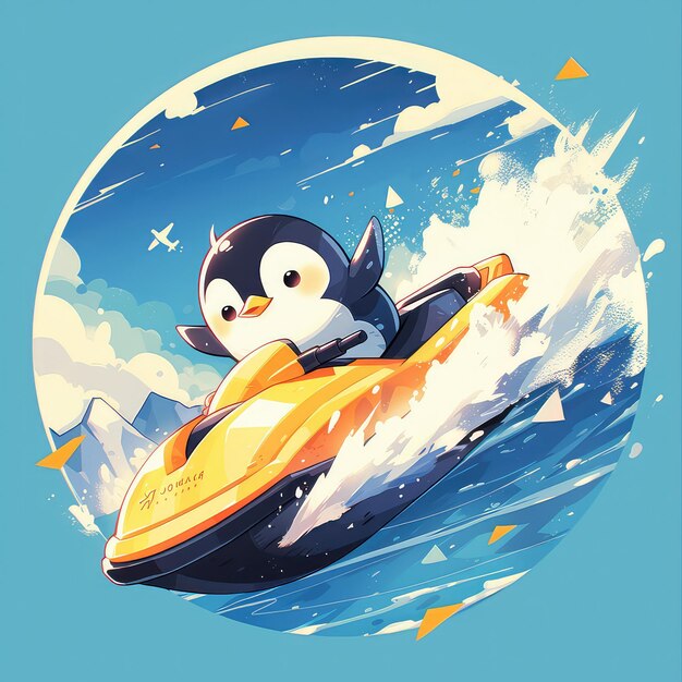 A penguin riding a jet ski cartoon style