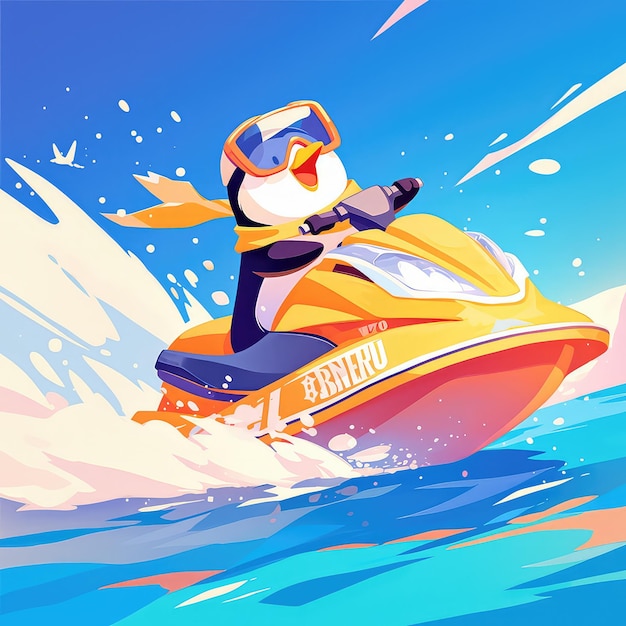 A penguin riding a jet ski cartoon style