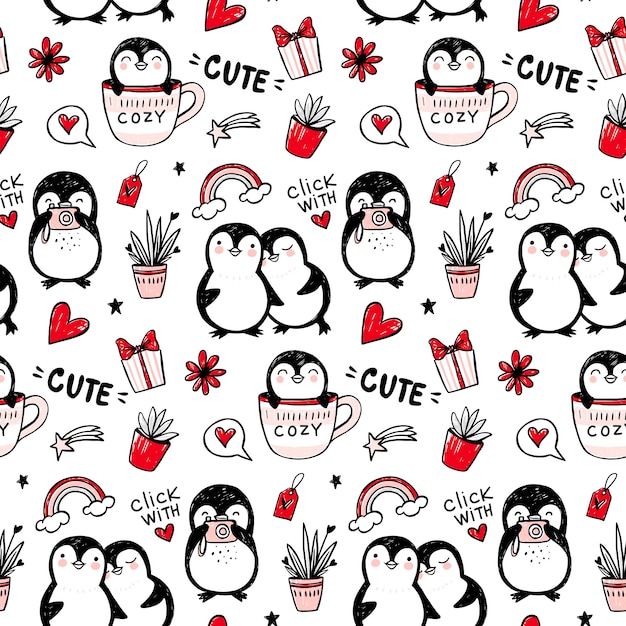 Penguin  seamless pattern. Funny animals background. Cartoon hand drawn texture with cute characters. Doodle style.