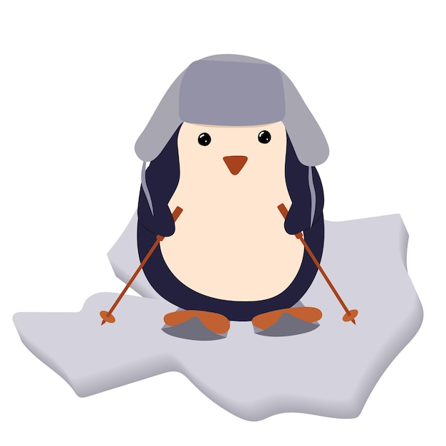 Penguin on skis and in a cap with ear flaps on an ice floe Winter clipart