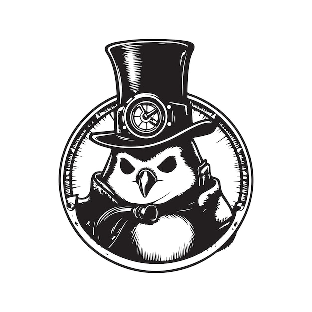 Penguin steampunk logo concept black and white color hand drawn illustration