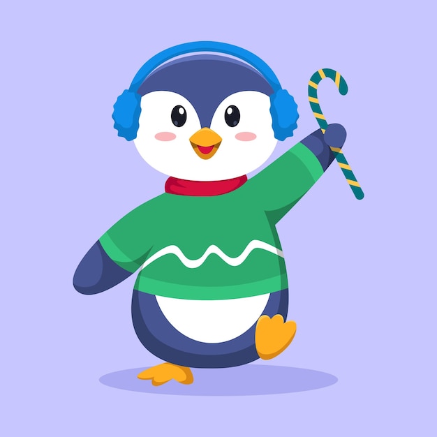 Penguin Wearing Earmuff in Winter Season Cartoon Vector Illustration