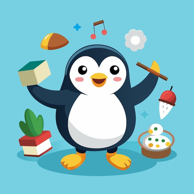 Vector a penguin with a toy on his chest is holding a toy