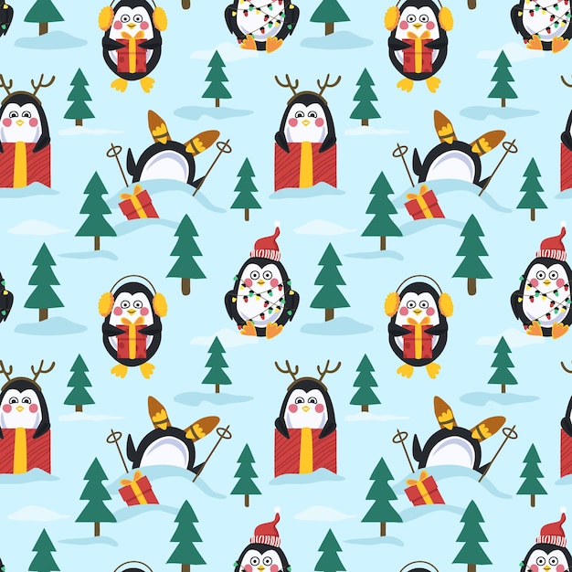 Penguins for Christmas Seamless pattern vector illustration