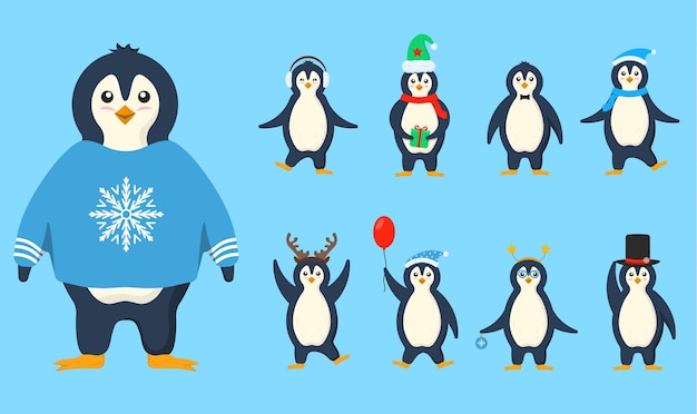 Penguins clothes in flat cute little cartoon characters cold winter antarctic bird animal set