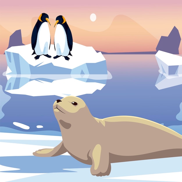 Penguins couple and seal in the melted iceberg sea  illustration