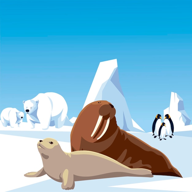 Penguins polar bears walrus and seal animals north pole and iceberg landscape  illustration