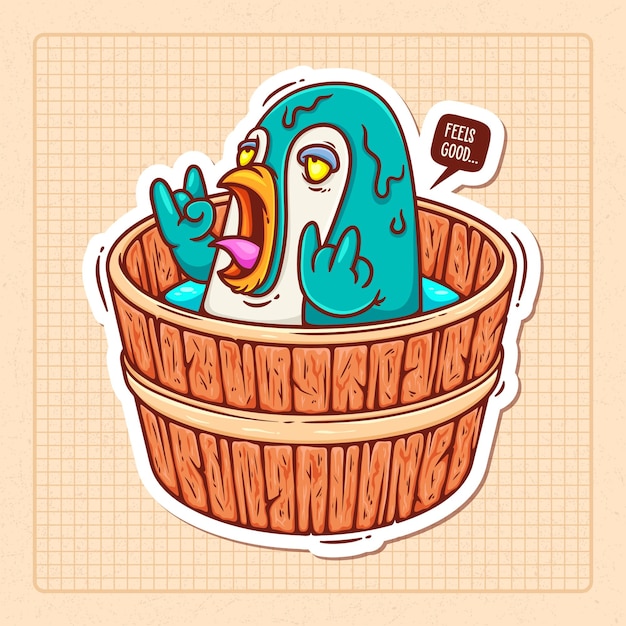 Penguins At Spa Hand Drawn Color Vector Doodle Illustration