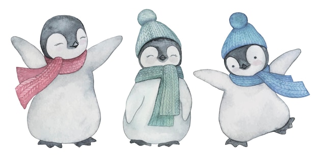 Penguins watercolor clipart, cute Christmas baby penguins