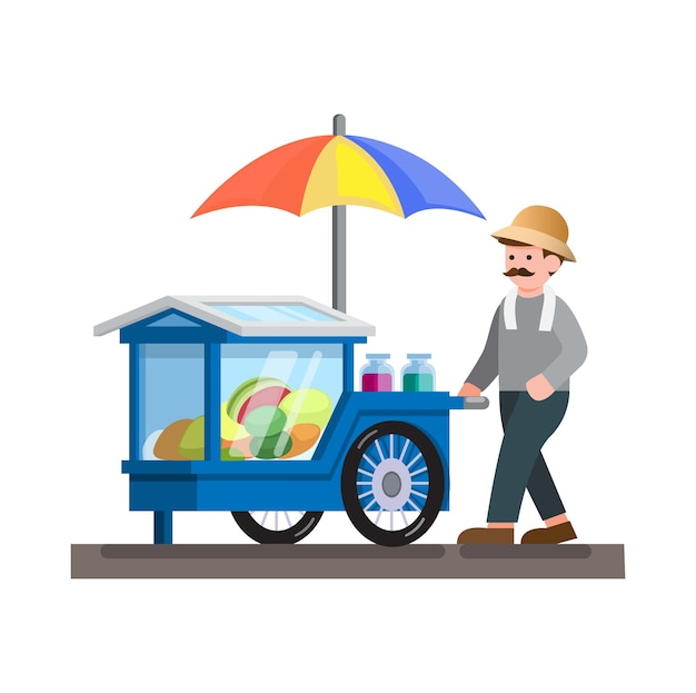 Penjual Rujak is fruit salad seller in cart traditional street food from indonesia illustration