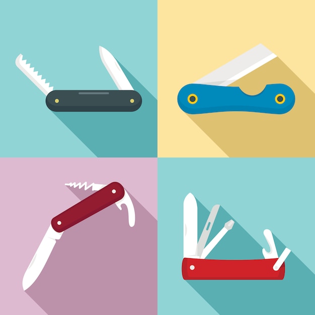 Penknife icons set, flat style