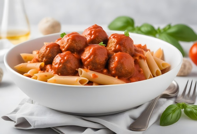 Penne pasta with meatballs in tomato sauce and vegetables in a bowl Top view