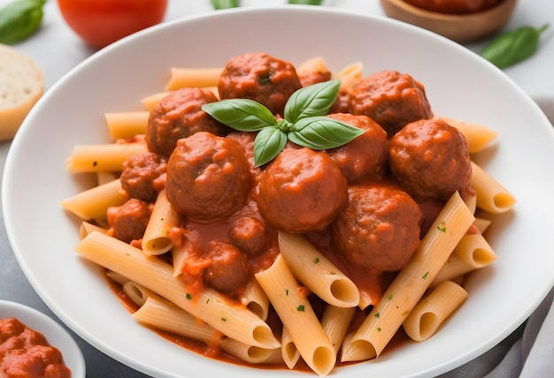 Penne pasta with meatballs in tomato sauce and vegetables in a bowl Top view