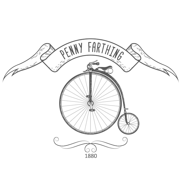 Penny-farthing bicycle vintage emblem, retro bike with large front wheel of 1890s