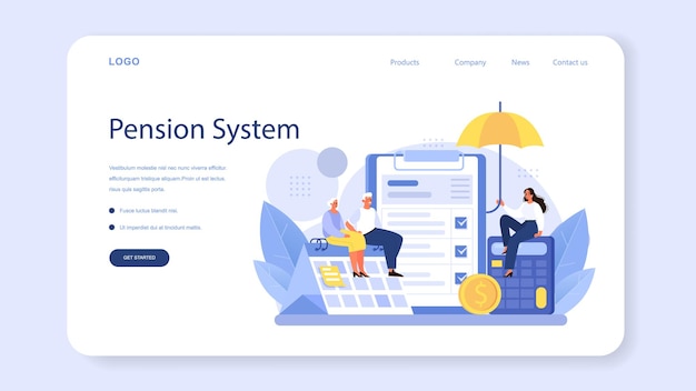 Pension fund employee web banner or landing page. Specialist helps senior people to save money for retirement, financial independence. Economy and wealth, pension plan. Vector flat illustration