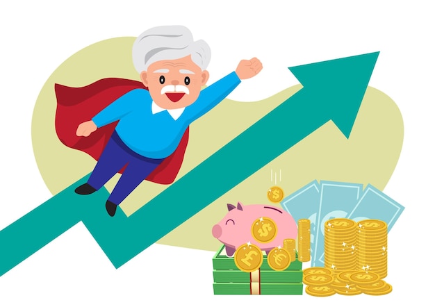 Pension income profit family budget Retirement concept male characters senior save money earn profit pile coins and banknotes vector