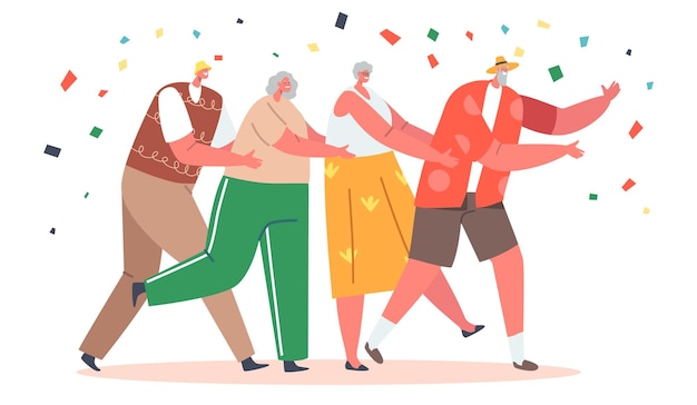 Pensioners Characters Dance in Row Old People Stand in Line Dancing Conga with Confetti Falling Down Elderly Men and Women Group Spend Time Together Having Fun Together Cartoon Vector Illustration