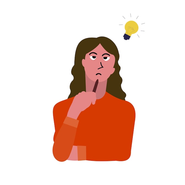 Pensive girl thinking flat character illustration with light bulb