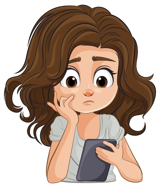 Pensive Girl with Smartphone Illustration