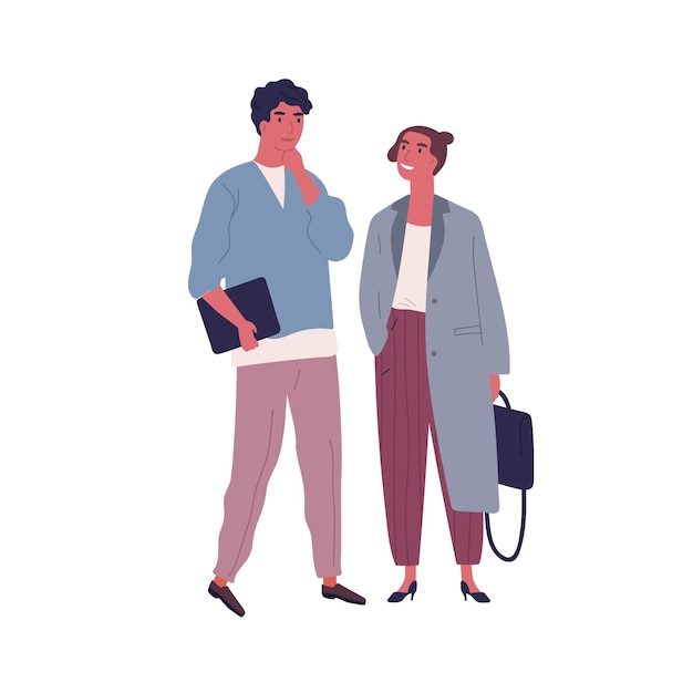 Pensive guy and smiling girl in stylish outfit stand together vector flat illustration. Business people carry briefcase and folder isolated on white. Trendy couple entrepreneurs or office workers.