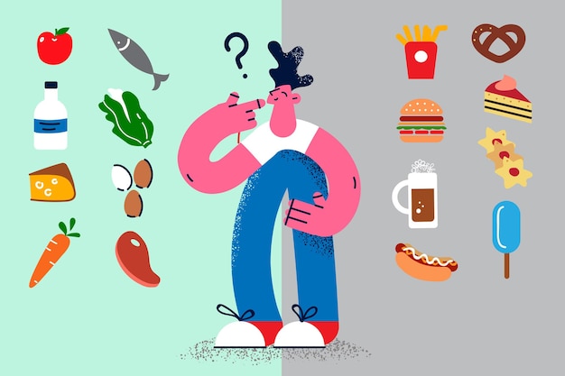 Pensive man make decision among healthy and unhealthy food. Thoughtful guy decide about dietary and junk products. Diet and wellness. Nutrition. Good habit concept. Vector illustration.