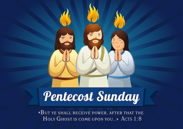 Pentecost Sunday greetings. Praying people vector illustration. Holy week celebration poster