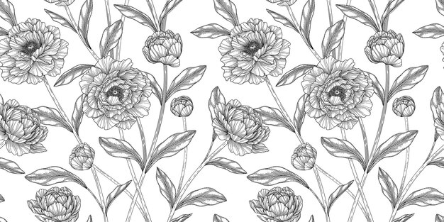 Vector peony floral pattern black and white illustration