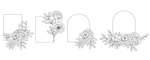 Peony Frame Line Art Outline Floral Frame Hand Drawn Illustration Coloring Page with Peony Flowers