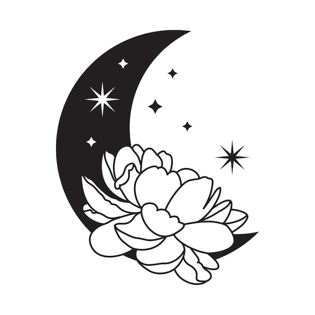 Peony moon flower door white black line logo sketch tattoo wedding