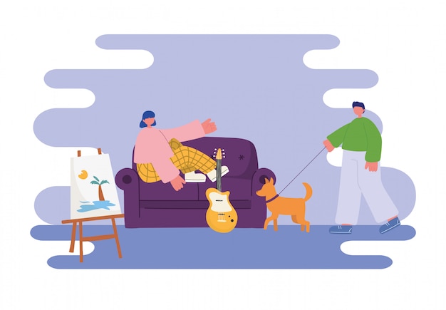 People activities, young woman sitting on sofa and man with dog in the room