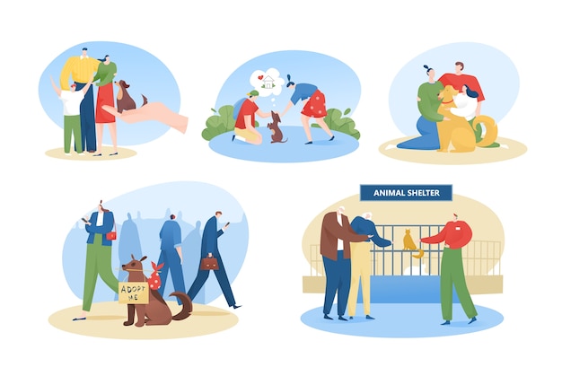 people adopt dog flat illustrations set