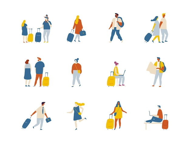 People in airport flat vector characters set isolated on white