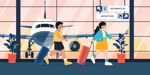 People At Airport Going To Checkin For Flight Vector Illustration