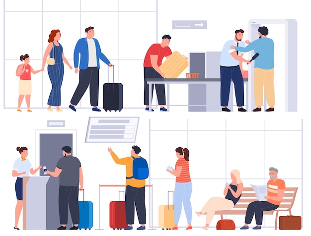 People in the airport terminal are checking in for the plane Waiting area baggage reception document check Vector illustration