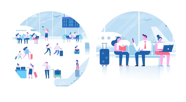 People in airport terminal. Infographics elements.  Travel concept. Flat vector set