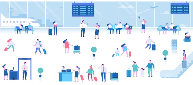 People in airport terminal. Infographics elements.  Travel concept. Flat vector set