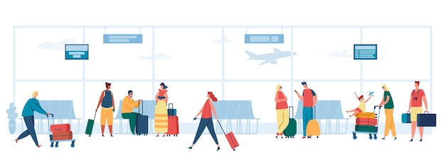 People in airport Tourists traveling with baggage Characters holding suitcases walking with passport and tickets Family with child going on vacation Man and woman waiting for boarding vector