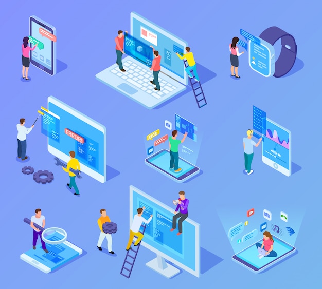 People and app interfaces isometric concept. Users and developers work with mobile phone and computer ui. 3d vector icons set