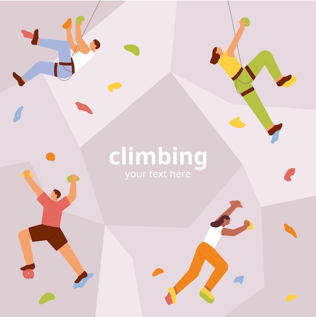 People are climbing each indoor rock wall. flat vector illustration.